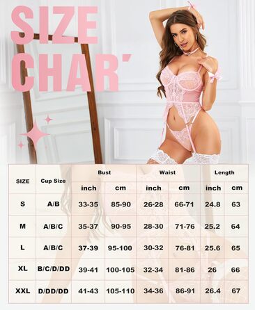 RSLOVE Комплект сексуальної білизни для жінок - мереживний комплект з 4 частин, бюстгальтер з кісточками та стрінги, рожевий