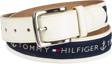 Чоловічий повсякденний ремінь Tommy Hilfiger з текстильною вставкою та класичною пряжкою, колір: кремовий з темно-синім, розмір 30
