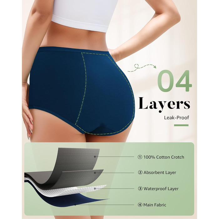 Труси для критичних днів TANSTC з сильною поглинанням, бавовна, для жінок та дівчат, висока талія, 3 шт. (Темно-синій + Чорний + Бордовий, XL)