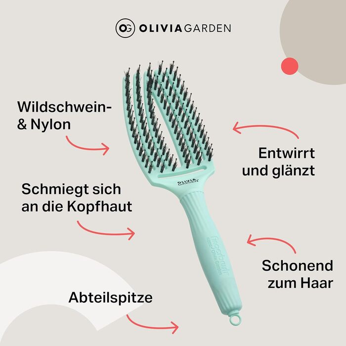 Щітка для волосся Olivia Garden Fingerbrush Care Iconic (Mint, Medium) — розплутуюча щітка з щетиною кабана та нейлоном для блиску та гладкого стайлінгу