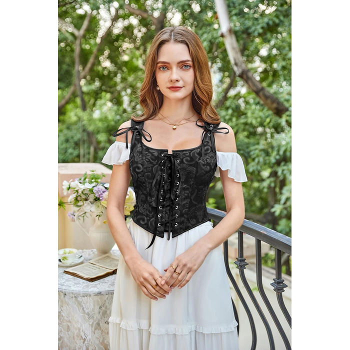 Корсет-жилет Steampunk SCARLET DARKNESS чорного кольору з мереживом, середньовічний стиль, розмір 38, жаккард