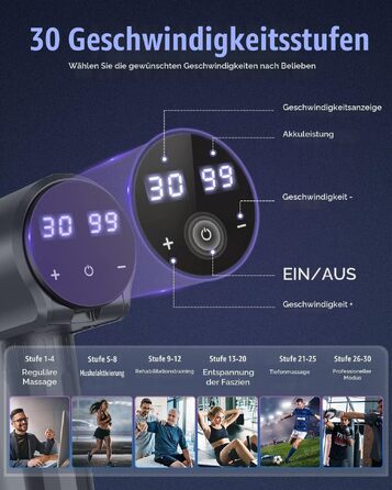 Перкусійний масажер Massage Gun для м'язів, ручний масажний пістолет з 30 рівнями швидкості та 6 насадками, USB-C зарядка, чорний