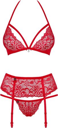 Сексуальний комплект стрінгів та стрічок для бюстгальтера з глибоким вирізом Obsessive, червоний, мереживний, прозорий, S-M