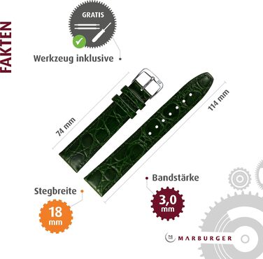 Шкіряний ремінець для годинника MARBURGER 18мм під крокодила (Caiman) з прошивкою, зелений/срібло, з набором інструментів для монтажу 52918