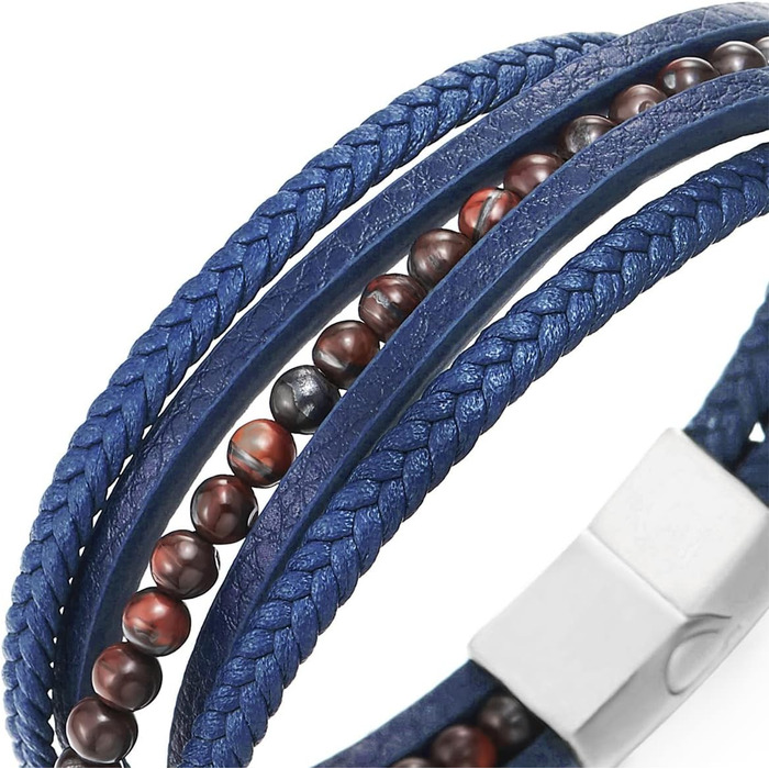 Чоловічий багатошаровий браслет COOLSTEELANDBEYOND із плетеної шкіри та напівдорогоцінних каменів, сталевий магнітний замок (синій/коричневий)