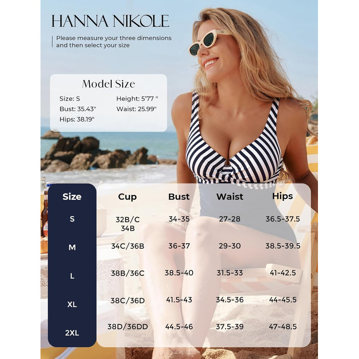 Tankini верх Hanna Nikole з контролем живота, вузлики, V-подібний виріз, купальник (синьо-білі смужки, M)