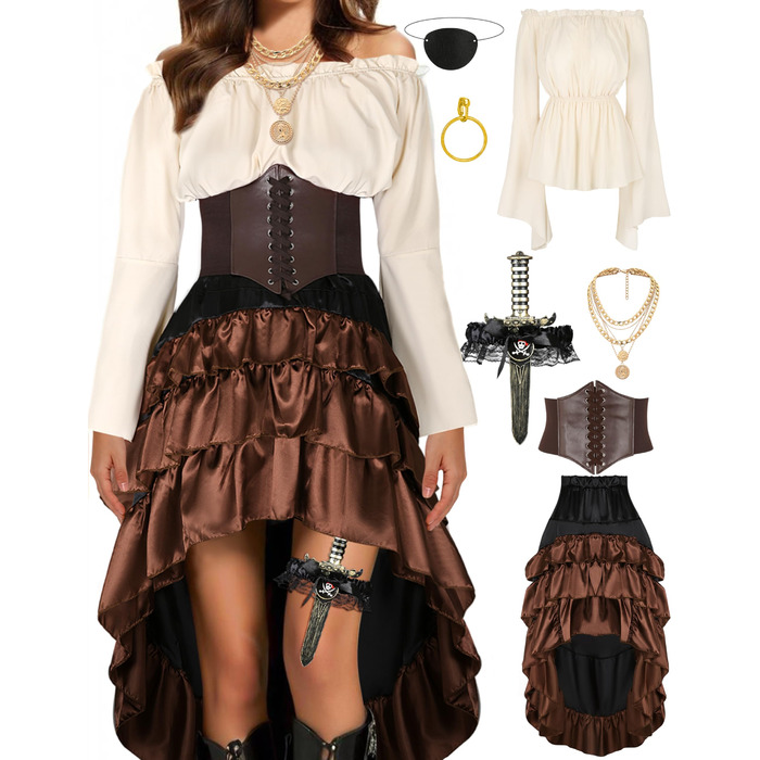Костюм пірата для хлопчика: корсет у стилі Ренесансу, спідниця стимпанк, топ, аксесуари пірата, повний комплект для Хелловіну (M, Коричневий)