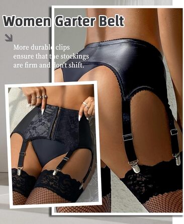 Чорний корсетний пояс-стрінг з штучної шкіри з мереживом. Комплект стрінги, стрінг-гуртки, шкарпеткові підтяжки. Великі розміри.