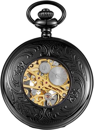 Чоловічий кишеньковий годинник ShoppeWatch з ланцюжком, механічний з ручним заводом, вінтажний стиль стімпанк (чорний)