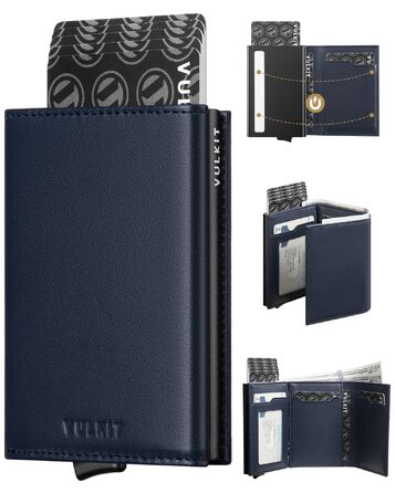 Шкіряний чоловічий картхолдер VULKIT з Pop-up механізмом, RFID-захистом, відділенням для купюр та вікном для ID, синій (Top-grain Cowhide)