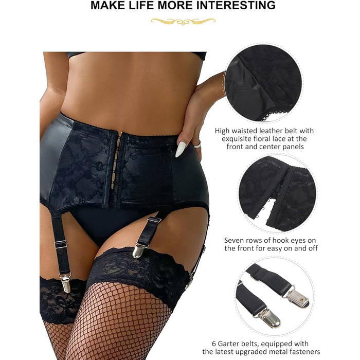 Чорний корсетний пояс-стрінг з штучної шкіри з мереживом. Комплект стрінги, стрінг-гуртки, шкарпеткові підтяжки. Великі розміри.