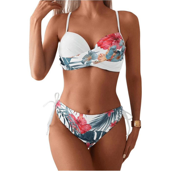 Бікіні GORGLLITTER жіноче з пуш-ап, двочастинний купальник, тропічний стиль, пляжна мода, комплект з 2 штук, літній, з принтом (білий, S)