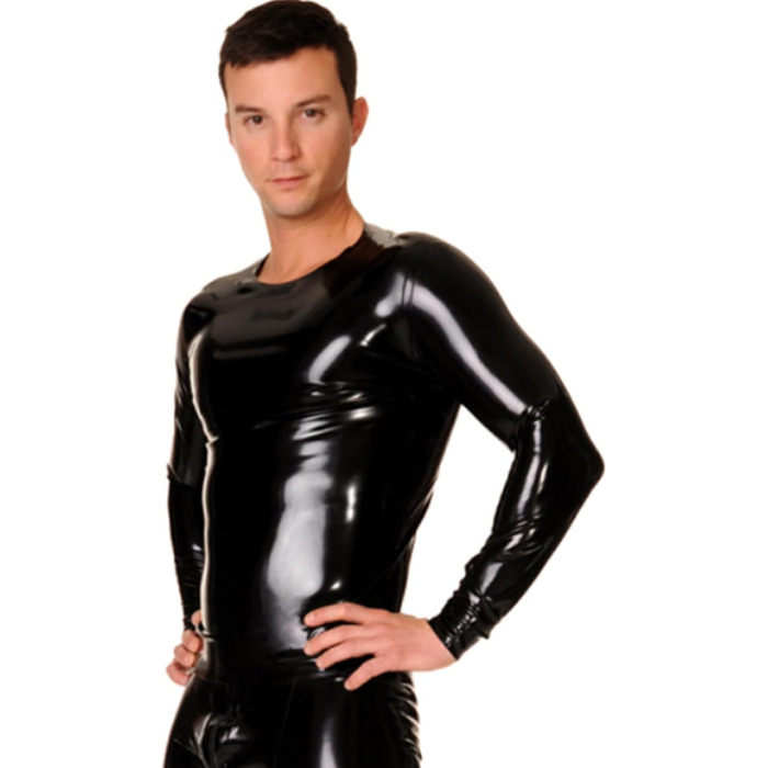 Чорне латексне лонгслів для чоловіків, натуральний каучук, футболка з круглим вирізом, підходить для косплею та костюмів, розмір XXL
