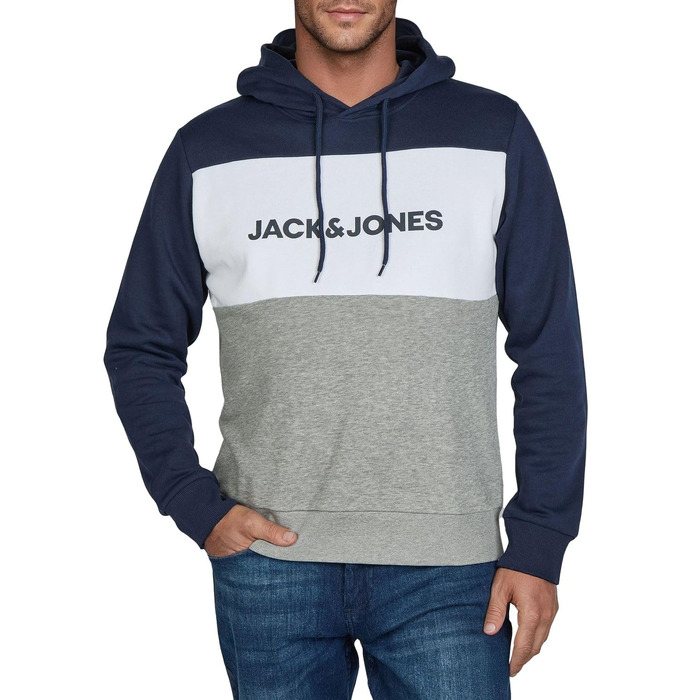 Чоловічий худі Jack & Jones JWHLOGO Blocking Regular Fit з принтом, кольори Navy/Green/Beige, великі розміри (Plus Size)
