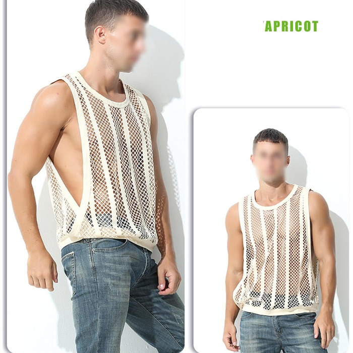 Чоловіча майка з сіткою, без рукавів, з принтом 'риба', сексуальний дизайн, прозора білизна (XL, Бежевий)