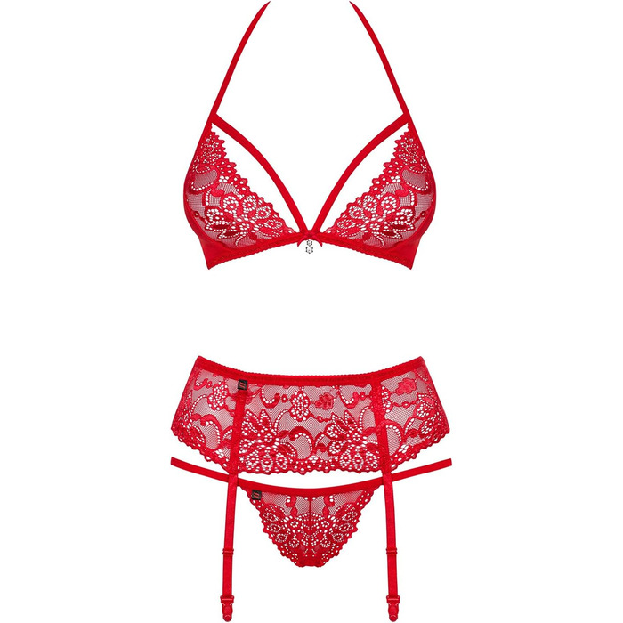 Сексуальний комплект стрінгів та стрічок для бюстгальтера з глибоким вирізом Obsessive, червоний, мереживний, прозорий, S-M