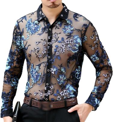 Прозора сорочка для чоловіків Yeuyyben з мереживом та квітковим принтом, блакитна, EU M (72-77 кг)