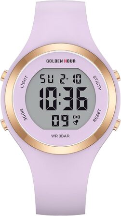 Жіночий цифровий спортивний годинник GOLDEN HOUR: водонепроникний (5ATM), хронограф, силіконовий ремінець, з датою та підсвічуванням циферблата, світло-фіолетовий