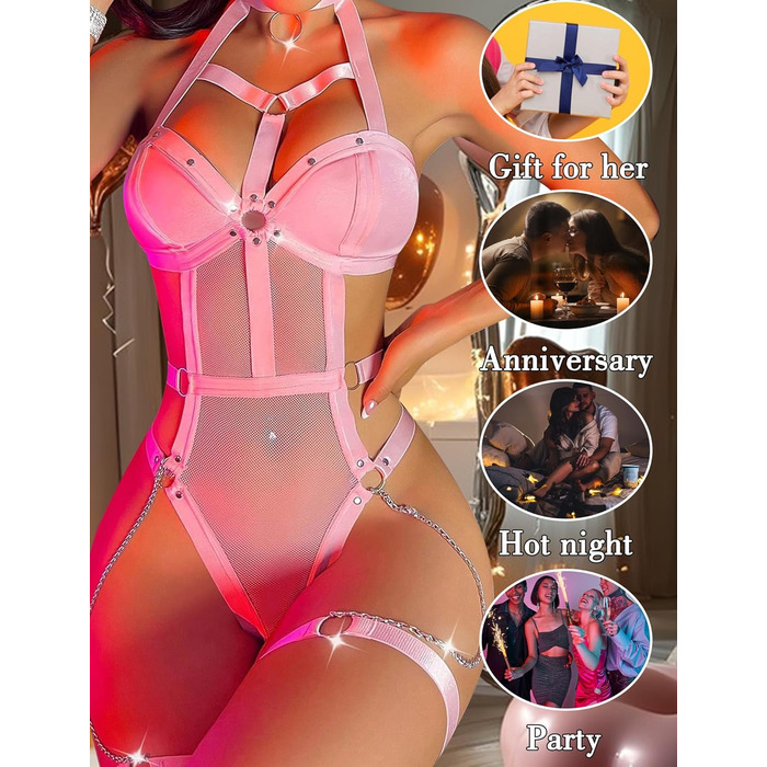 Body жіночий FEOYA з вирізом, сітчаста тканина, прозорий, одноцільний, шкіряне трикотажна білизна для косплею, вечірки, клубу (Рожевий виріз, S)