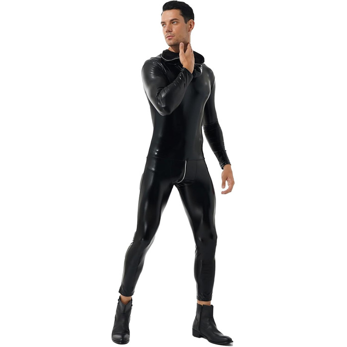 Чоловічий комбінезон з лакованої шкіри з довгим рукавом, чорний. Костюм-комбінезон Freebily для вечірок, клубів, еротичної білизни. Розмір XL