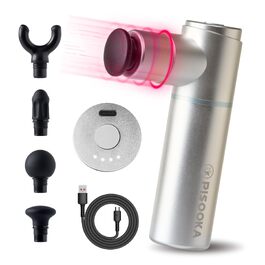Міні-перкусійний масажер PISOOKA X Mini Massage Gun (66W) — компактний та легкий (350г) масажний пістолет для глибокого масажу м'язів, шиї та спини, 4 насадки, USB-C, сріблястий