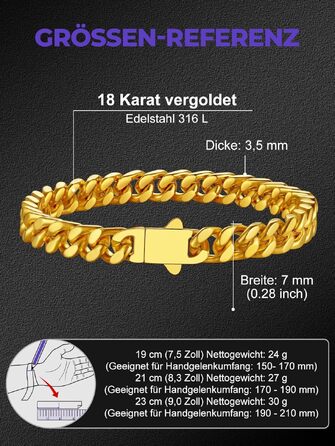 Чоловічий браслет Richsteel сталевий ланцюг Кубинського плетіння, колір золотий, ширина 7мм, довжина 23см — прикраса в стилі Hip Hop з подарунковою коробкою