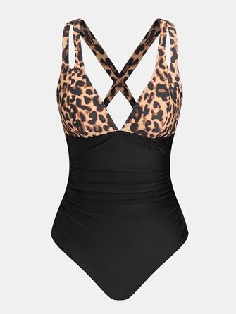 Купальник CUPSHE з V-подібним вирізом, прихованням живота, глибоким вирізом на спині, цілісний, Оливковий/Тропічний (XL, Чорний леопард)