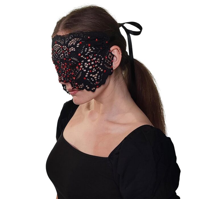 Ручна вишита мереживна маска на обличчя з камінням для жінок, чорна маска для маскараду, балу, карнавалу, весілля, бурлеску, косплею, Марді Гра (чорний колір з червоними каміннями)