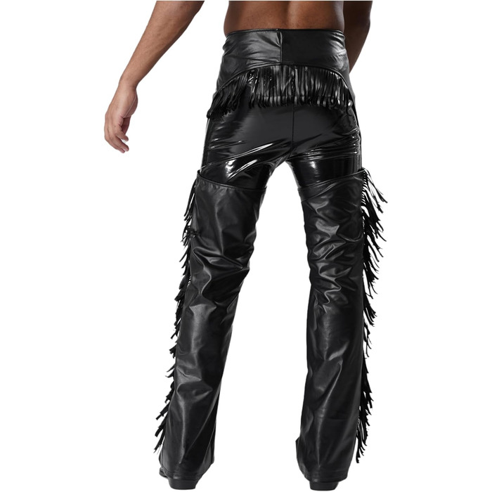 Чоловічі шкіряні лосини з ефектом мокрого блиску, відкриті штани, косплей каубой, чaps, лосини з бахромою, еротичні, чорні, 3XL