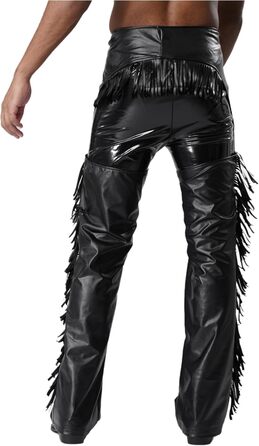 Костюм ковбоя з еластичної шкіри TTAO для чоловіків: штани з відкритим кроком, з бахромою та пряжкою, чорного кольору