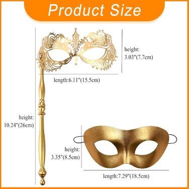 Маска для карнавалу та Хелловіну JewelryWe венеціанська пара з держаком, металева, зі стразами (Золота)
