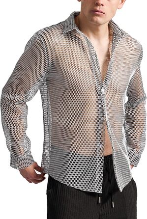 Чоловіча сітка-сорочка AIEOE: прозора сорочка з сітки, ідеальна для вечірок та свят, сірого кольору (S)