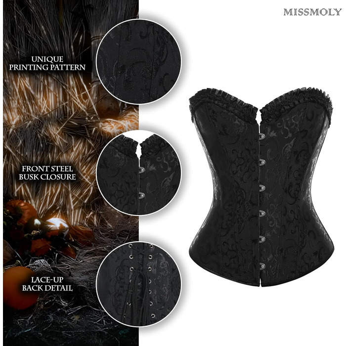 Корсет жіночий Miss Moly, вінтажний, повний бюст, класичні кольори, мереживо, бант, з принтом G-Tanga, чорний, на блискавці
