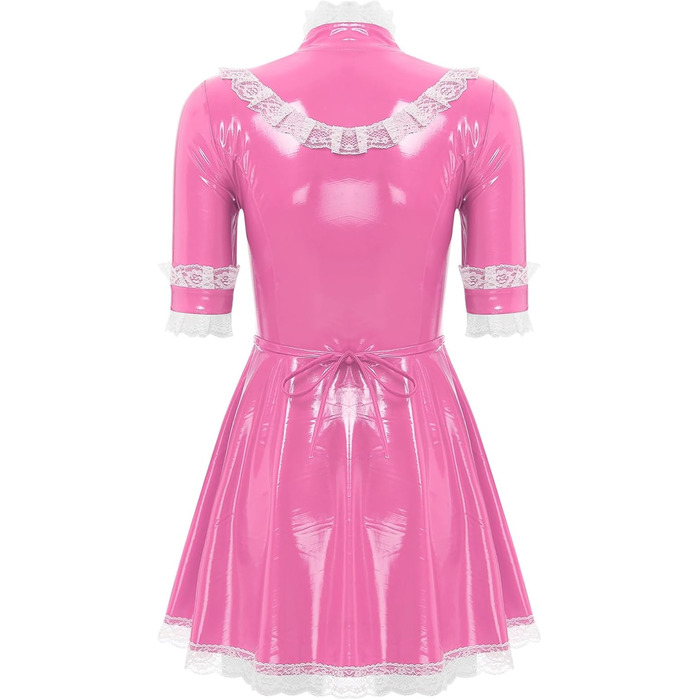 Костюм покоївки Agoky для жінок: міні-сукня з лакованої шкіри, мереживна спідничка, еротична білизна, клубний наряд (3XL, Рожевий)