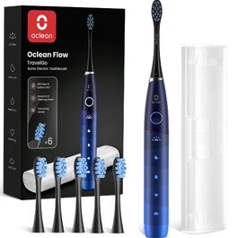 Електрична сонічна зубна щітка Oclean Flow Gift Set, біла (синій набір): 5 режимів, 180 днів автономної роботи, IPX7 водонепроникність, дорожній футляр та 6 змінних насадок