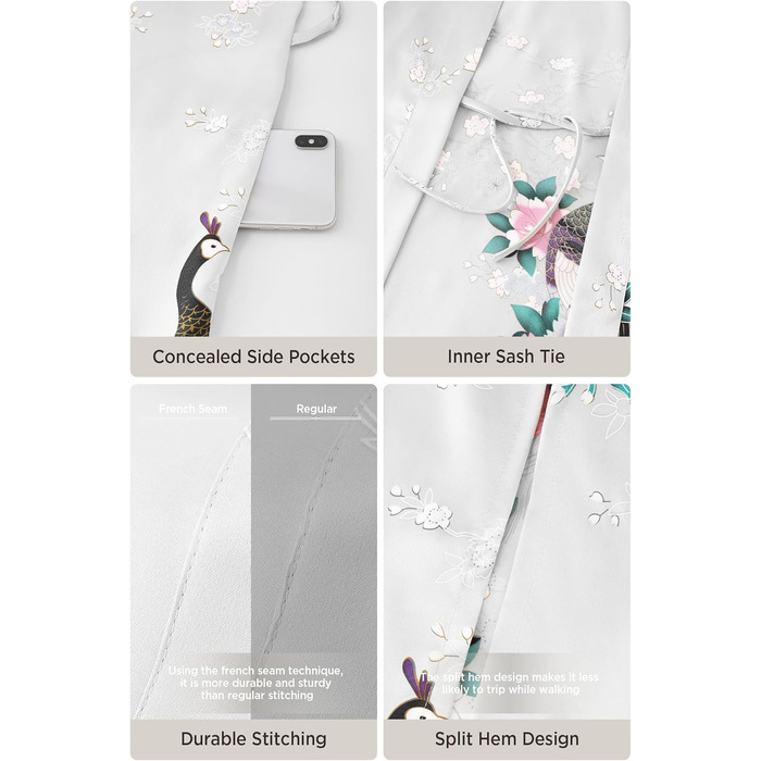 Халат жіночий довгий шовковий атласний, Kimono з принтом павича, BABEYOND