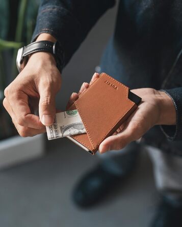 Гаманець-картхолдер VULKIT Pop-up з RFID-захистом, металевий алюмінієвий чохол для карток з відділенням для купюр та монет, натуральна шкіра (Коричневий)
