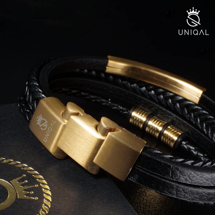 Шкіряний браслет чоловічий UNIQAL 'BLACK SHAPE' із нержавіючої сталі та натуральної шкіри, золотий, 19 см (у подарунковій коробці)