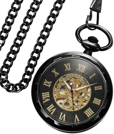 Чоловічий кишеньковий механічний годинник BOSHIYA Vintage Steampunk: скелетон, підзавод, з ланцюжком (чорний циферблат, круглий корпус)