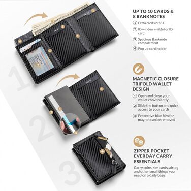 Шкіряний гаманець-картхолдер VULKIT з RFID-захистом, Pop-Up системою, відділенням для купюр, монет та вікном для ID, чорний