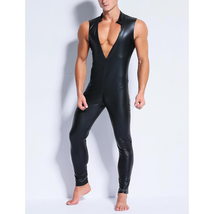 Комбінезон чоловічий лакований шкірозамінник PVC з довгим замком, сексуальний, облягаючий, чорний, розмір L