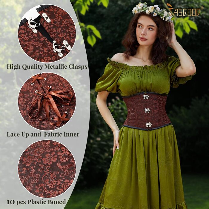 Корсет-топ JasGood Daen з підтримкою грудей, готичний вінтажний корсет, бюстєль, корсетне оздоблення на шнурівці, для костюмів на Хелловін (кававий жаккард, розмір M)