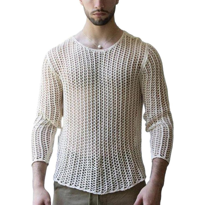 Чоловіча футболка Evankin з мереживом, довгі рукави, прозора сорочка, в'язаний пуловер, вільний крій (L, білий/Розкішний сад)