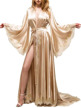 Шовковий халат для нареченої з мереживом, Kimono, довгі рукави, шампань, для весілля та вечірки