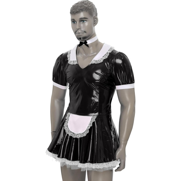 Костюм покоївки для чоловіків Inhzoy: лакове плаття, набір з комірцем, карнавал, Хелловін, косплей, 5XL, чорний