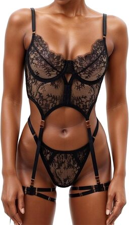 Чорний мереживний комплект спідньої білизни Daen Nachthed: мереживний халат-сорочка, стринги. Розмір L