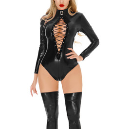 Боді FEOYA жіноче латексне, з довгим рукавом, чорне, 3XL - сексуальна клубна білизна