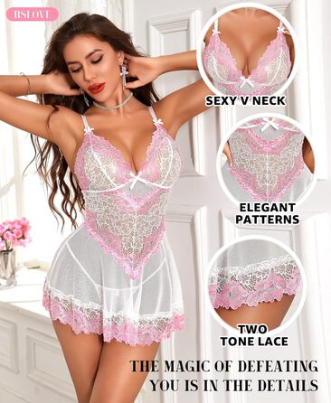 Babydoll RSLOVE для жінок: мереживний комплект сексуальної ніжної піжами (XXL, білий рожевий)