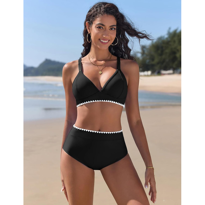 Бікіні жіночий комплект з V-подібним вирізом, двочастинний, з пуш-ап, висока талія, купальник сексуальний з білою мереживом, чорний, розмір S