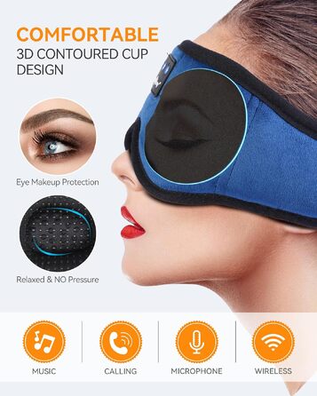 Маска для сну з Bluetooth-навушниками, бездротова ASMR маска для сну, м'який шовковий чохол для вух для подорожей, офісу та відпочинку, підходить для чоловіків та жінок (3D Black/Blue)